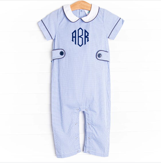 Addison Romper, Blue Mini Gingham