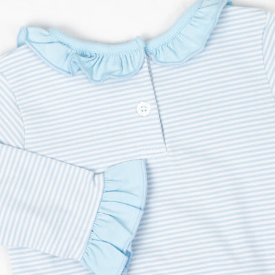Dabbling Ducky Applique Ruffle Romper, Blue Stripe
