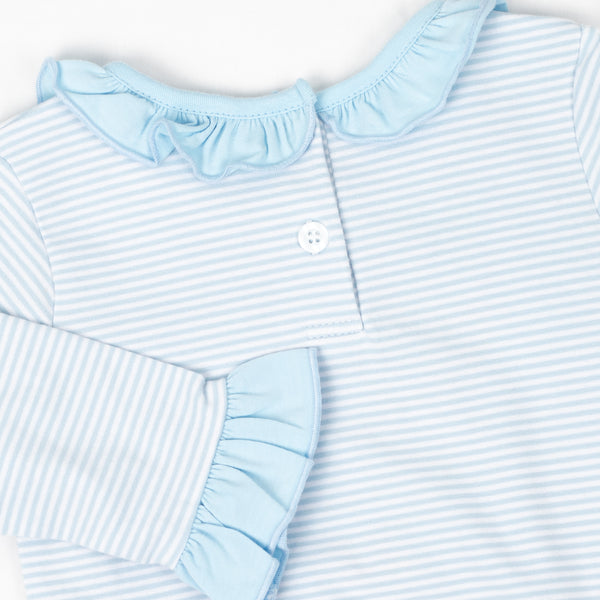 Dabbling Ducky Applique Ruffle Romper, Blue Stripe