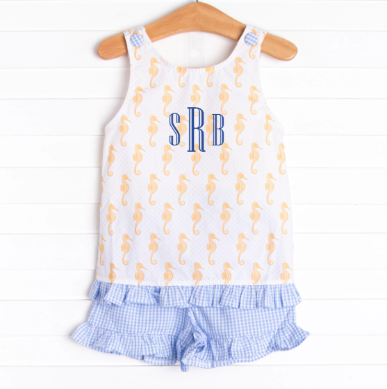 Saltwater Seahorse Ruffle Short Set, Blue
